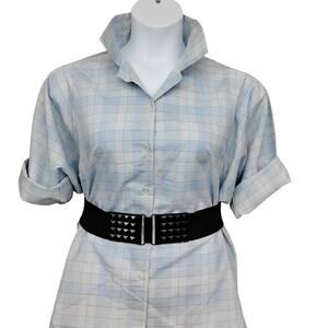Vintage Booth Bay Button Down Blouse Size XL Light Blue Plaid 3/4 Sleeve